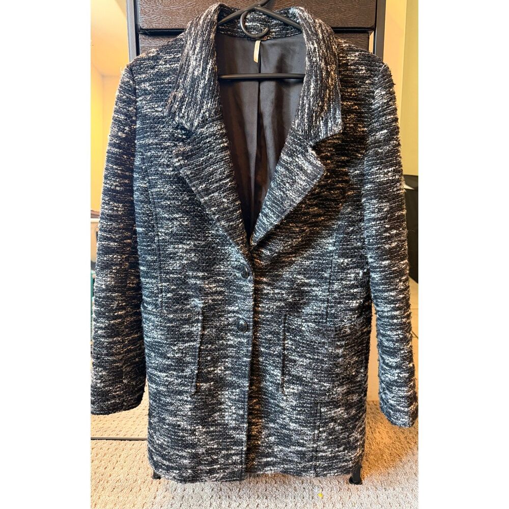 Free People Black & White Bouclé Tweed Longline Blazer Jacket XS